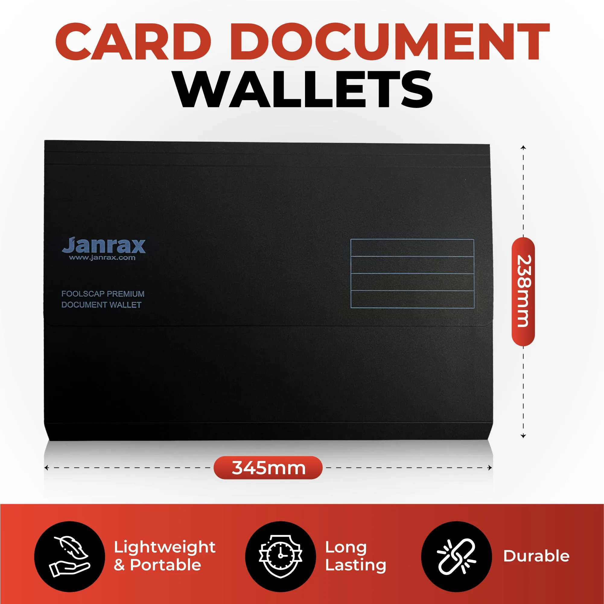 Pack of 50 Black Card Premium Foolscap Document Wallets