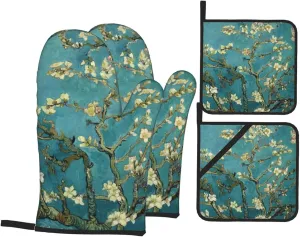 Painting Almond Blossoms Print Convenient Oven Mitts Pot Holders Set Duty Heat Resistant Gloves with Quilted Liner