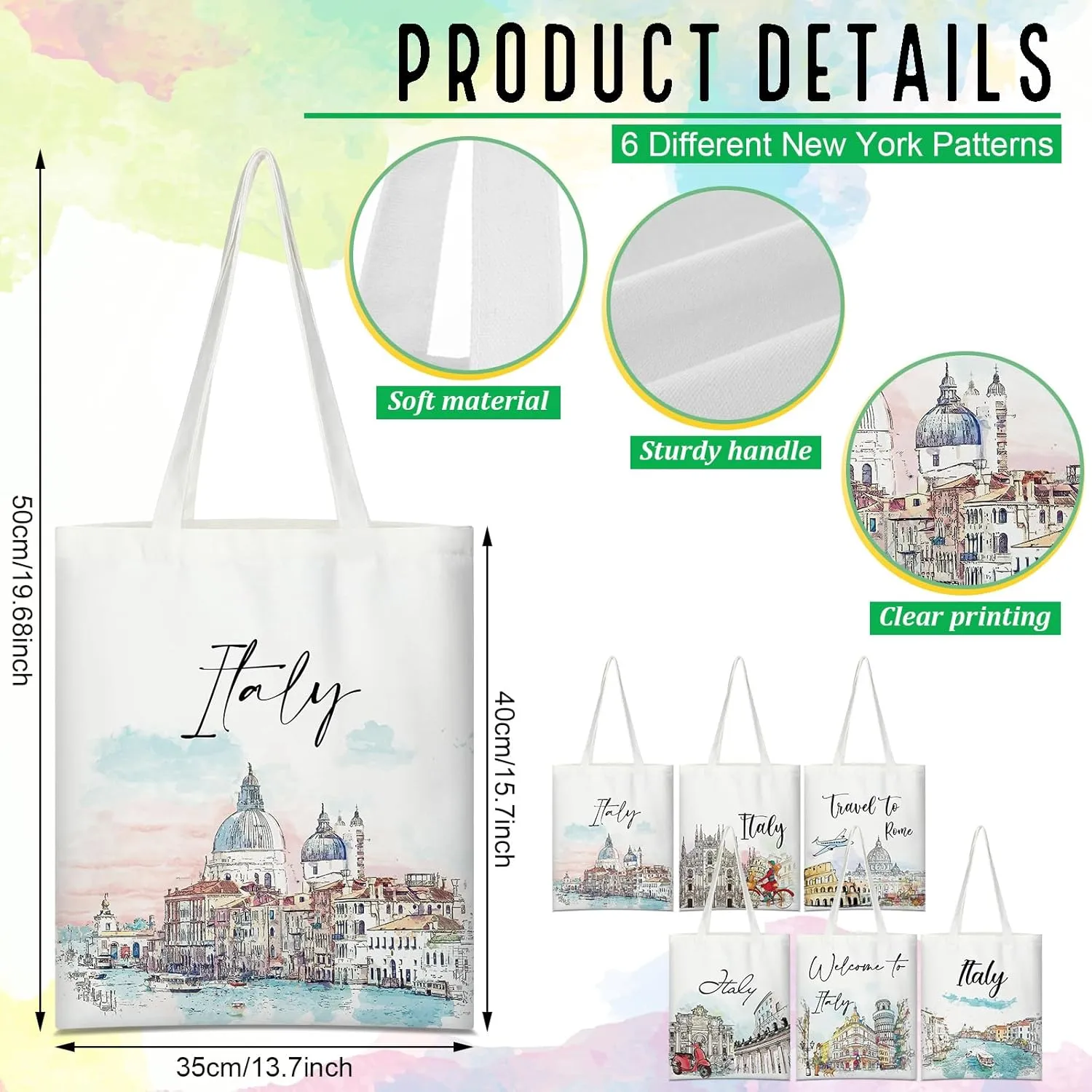 Paterr 6 Pcs Watercolor Italy Canvas Tote Bags Travel Souvenir Gifts Beach Bag for Women Men Travelers