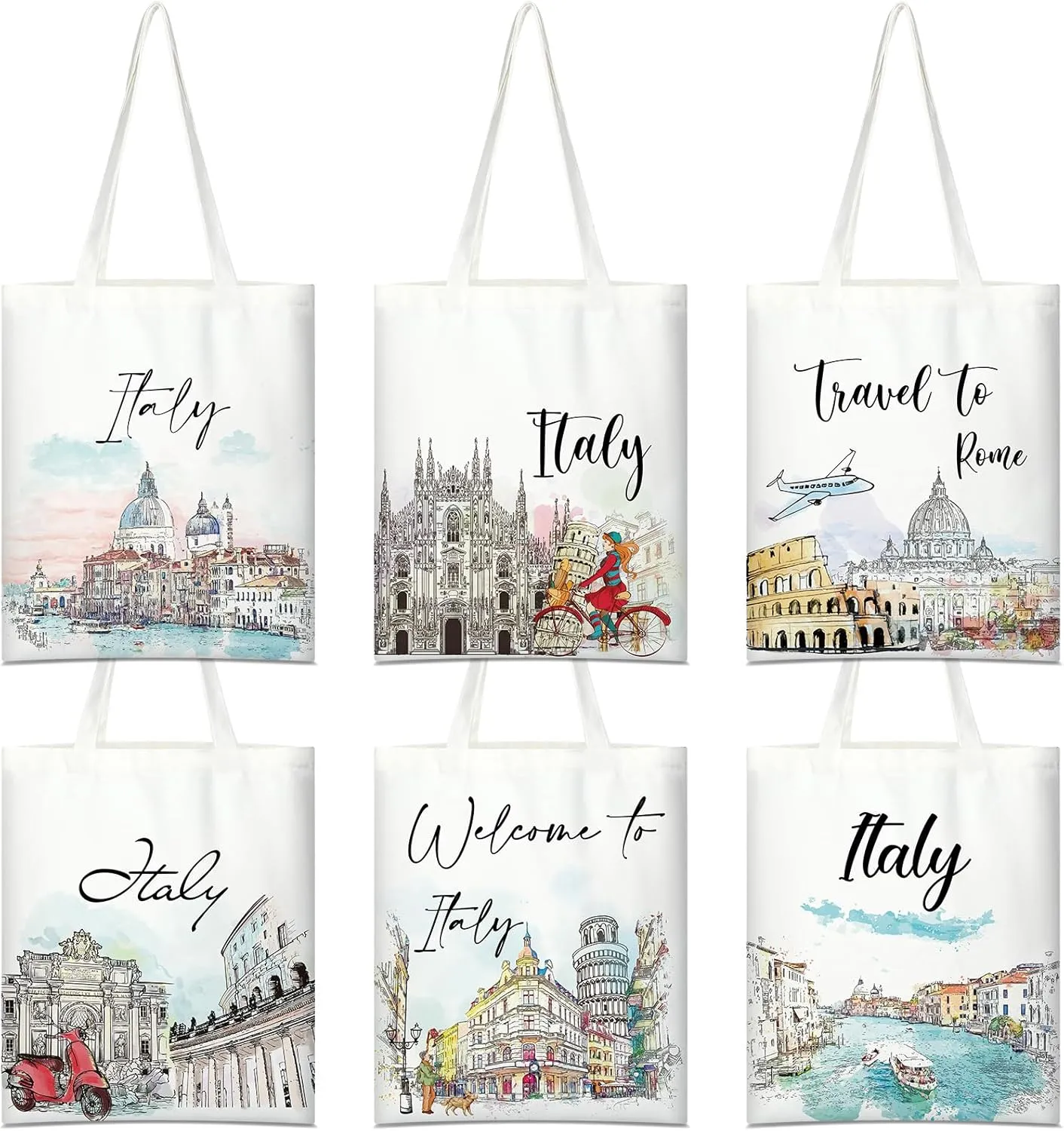 Paterr 6 Pcs Watercolor Italy Canvas Tote Bags Travel Souvenir Gifts Beach Bag for Women Men Travelers