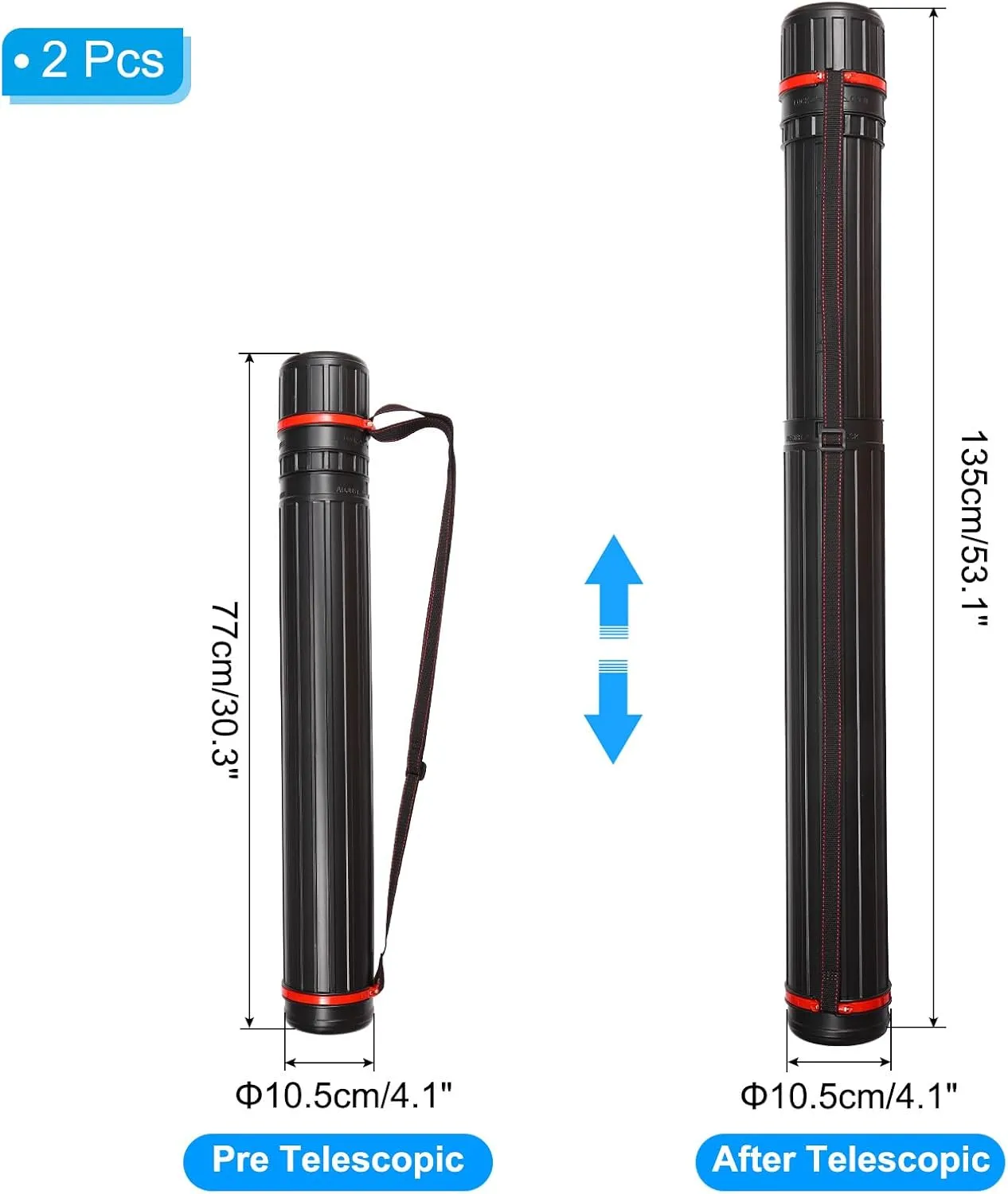 PATIKIL Extendable Poster Tubes, 2pcs Expand from 30.3" to 53.1" with Strap, Art Document Storage Carry Tubes for Blueprints Drawings Artwork, Black