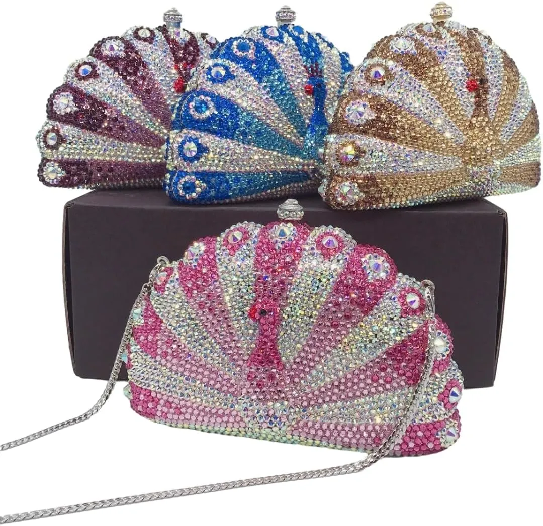 Peacock Crystal Clutch Purses for Women Sparkly Rhinestone Evening Handbags Party Wedding Glitter Purse A-Purple&Silver
