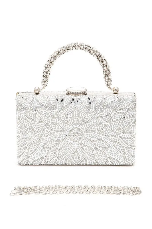 Pearl Studs Rhinestone Handle Flower Box Clutch
