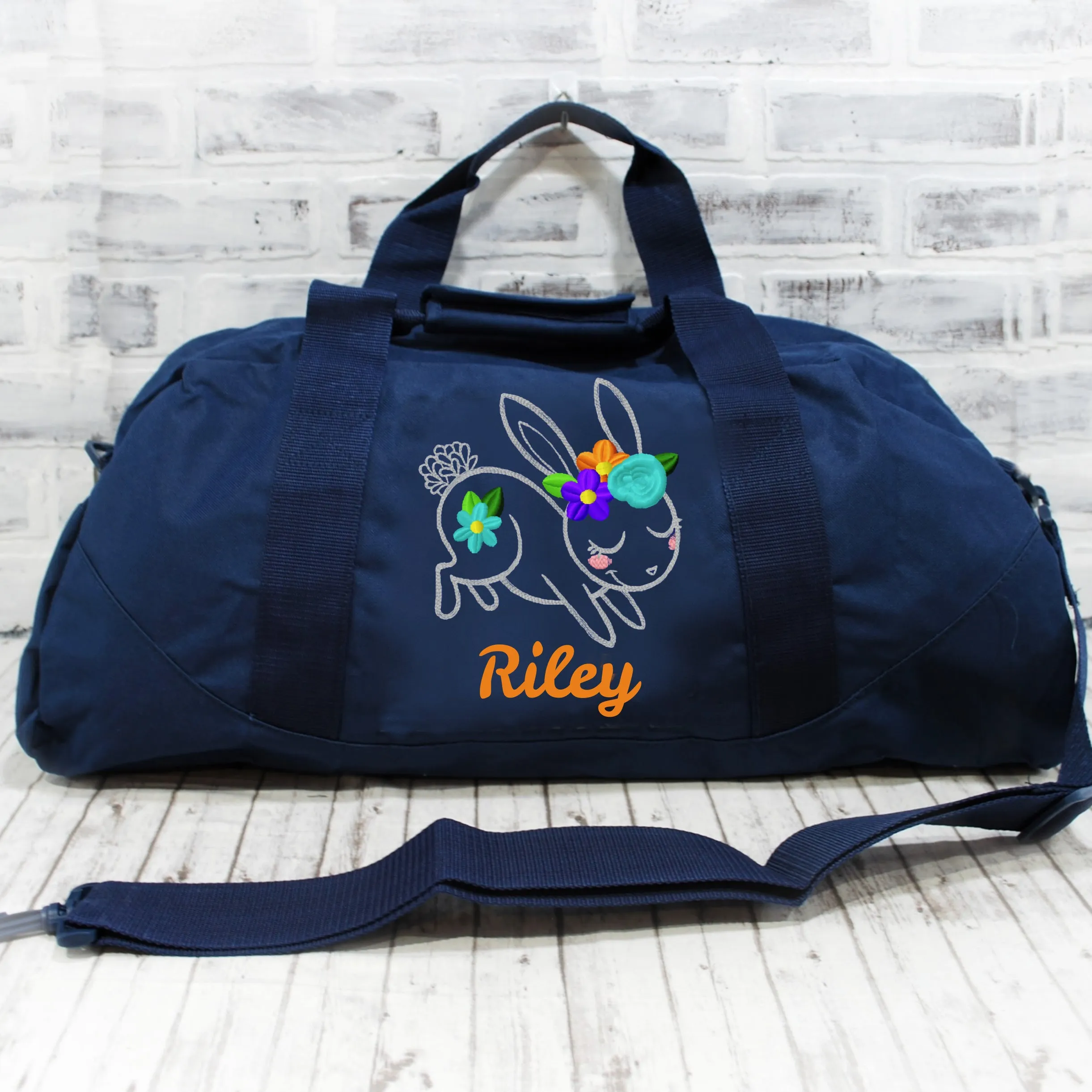 Personalized Floral Bunny Duffle or Tote Bag
