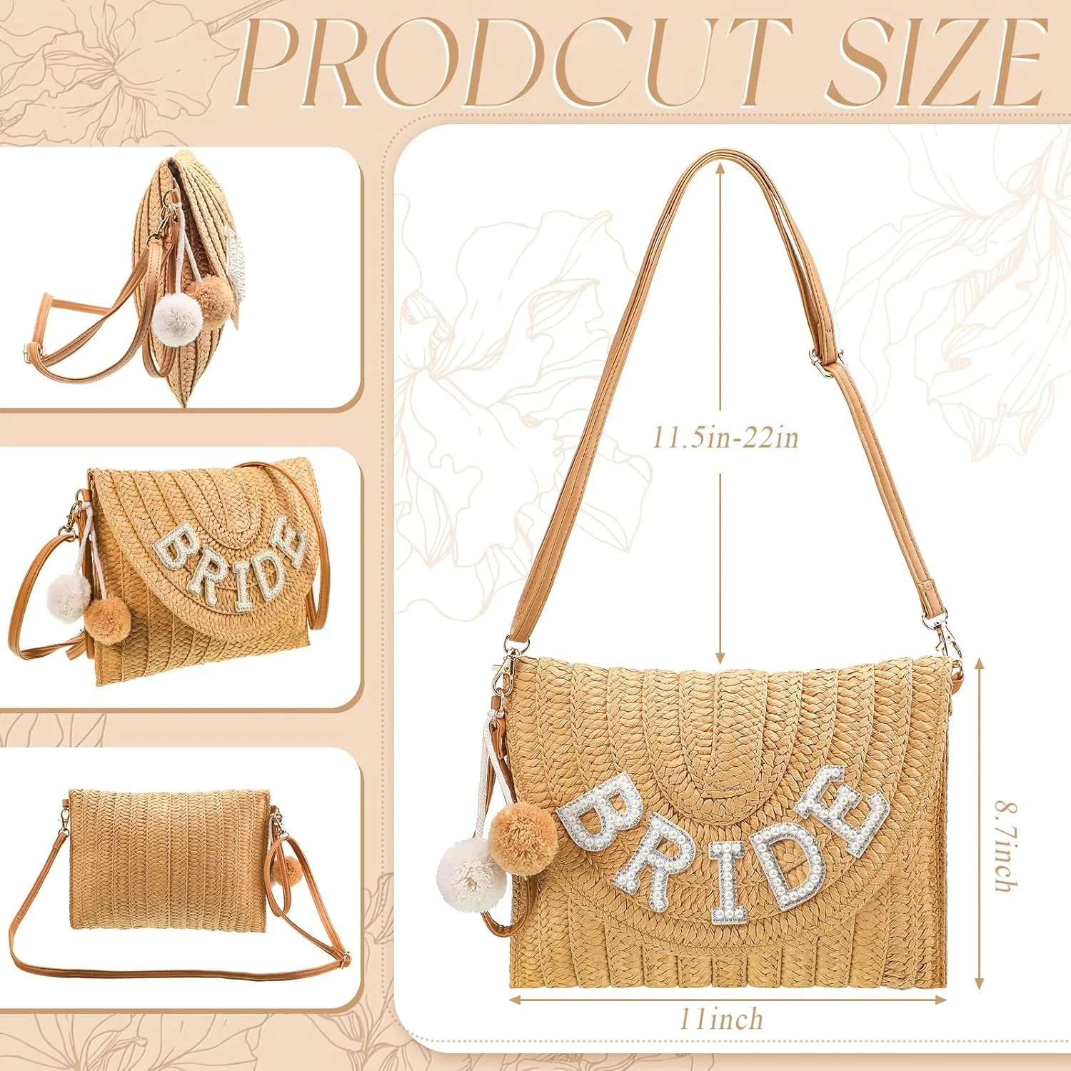 Pinkunn Bride Gift Straw Shoulder Bag Clutch Rhinestone Letter Purse Beach Bachelorette Honeymoon Wedding Bridal Shower