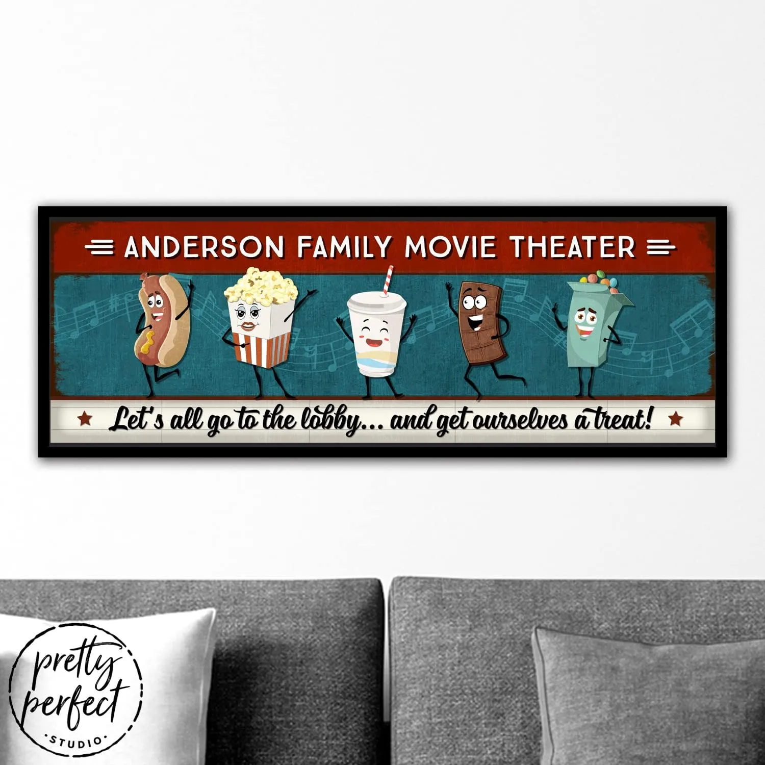 Pretty Perfect Studio Custom Lets All Go to the Lobby, Snack Station Candy Concession Stand Cart for Movie Room Box Office Theatre Canvas Wall Art 12"x36"
