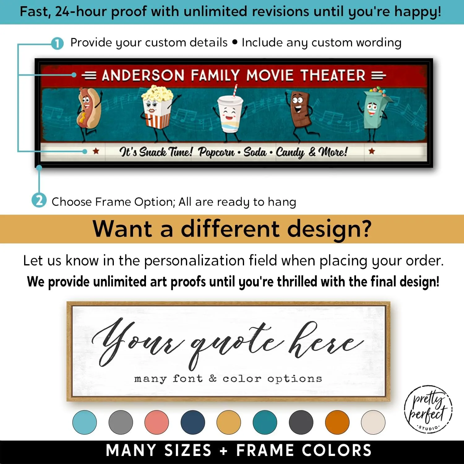 Pretty Perfect Studio Custom Lets All Go to the Lobby, Snack Station Candy Concession Stand Cart for Movie Room Box Office Theatre Canvas Wall Art 12"x36"