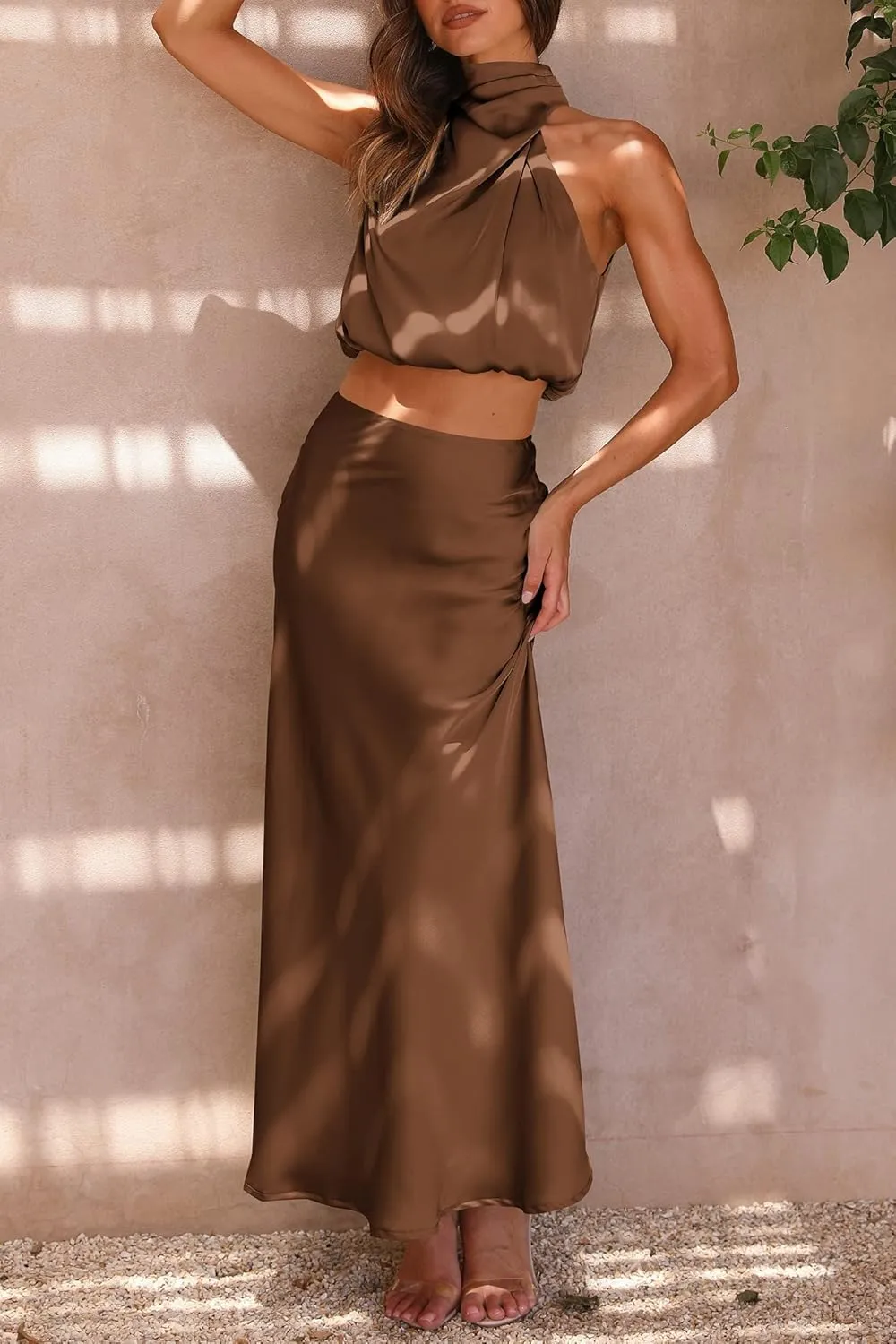 PRETTYGARDEN Women's 2 Piece Satin Outfits Summer Sleeveless Mock Neck Crop Tops and Long Skirt Dress Sets