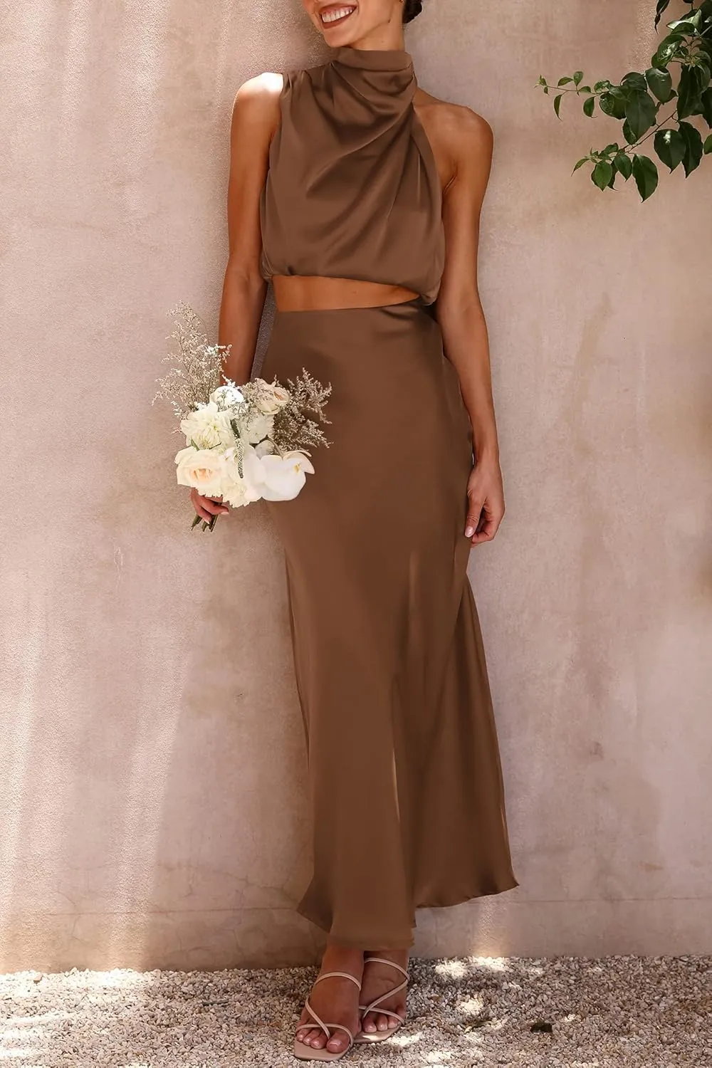 PRETTYGARDEN Women's 2 Piece Satin Outfits Summer Sleeveless Mock Neck Crop Tops and Long Skirt Dress Sets