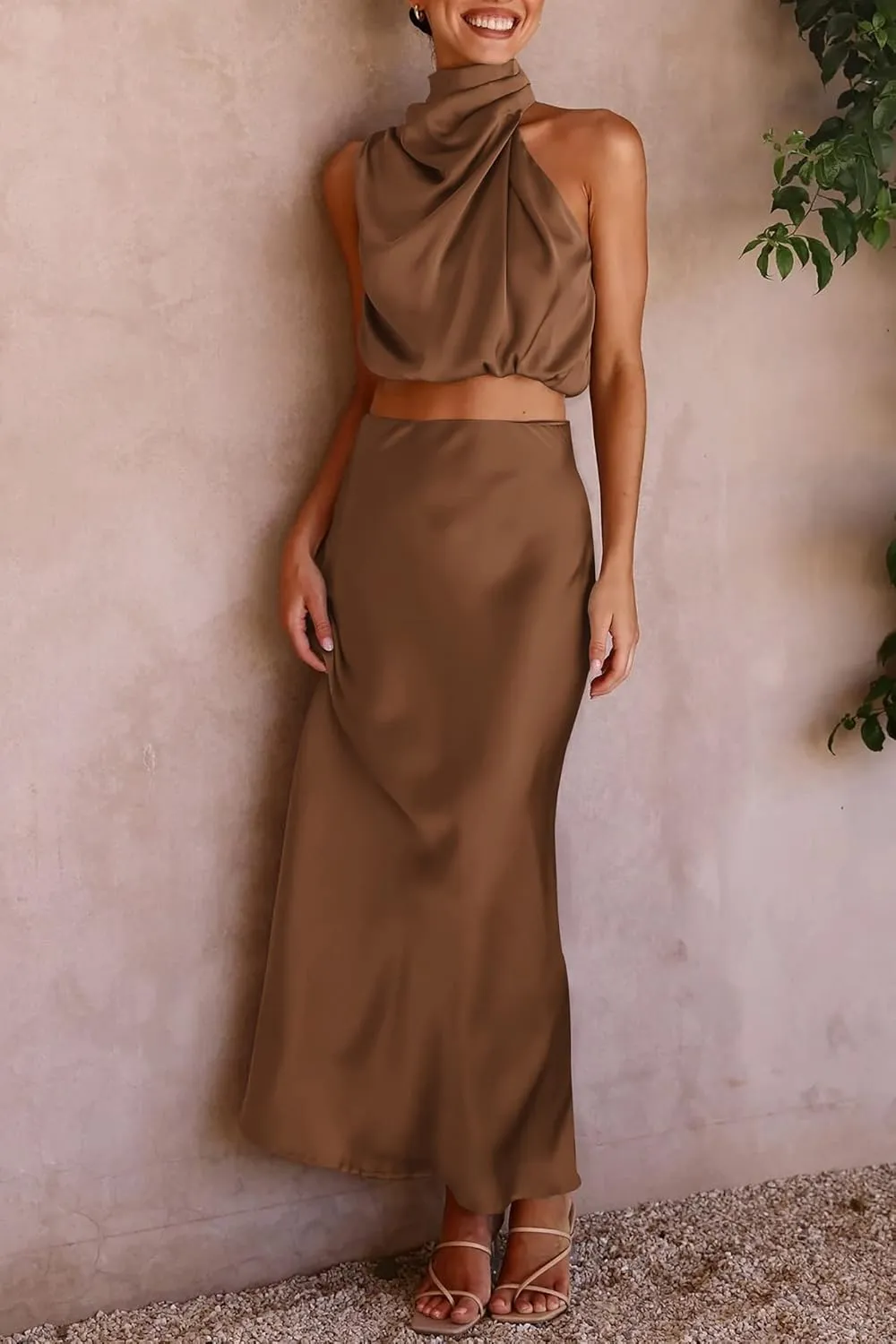 PRETTYGARDEN Women's 2 Piece Satin Outfits Summer Sleeveless Mock Neck Crop Tops and Long Skirt Dress Sets