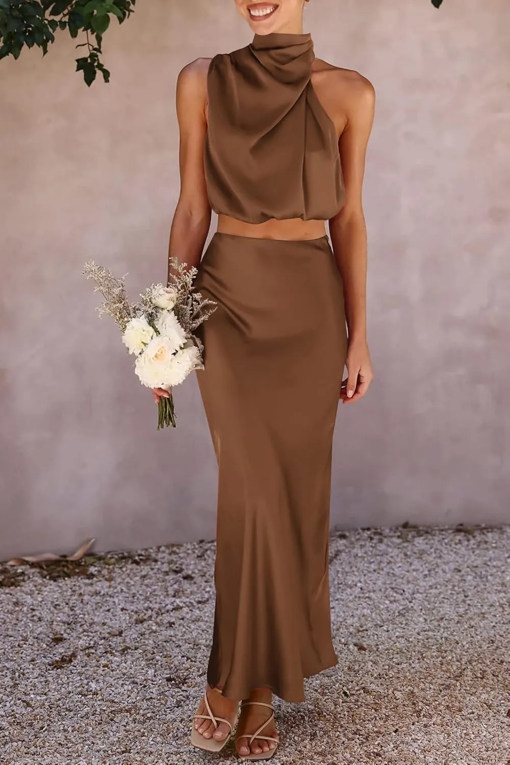 PRETTYGARDEN Women's 2 Piece Satin Outfits Summer Sleeveless Mock Neck Crop Tops and Long Skirt Dress Sets
