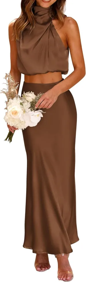PRETTYGARDEN Women's 2 Piece Satin Outfits Summer Sleeveless Mock Neck Crop Tops and Long Skirt Dress Sets