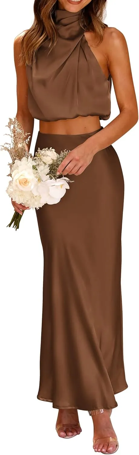 PRETTYGARDEN Women's 2 Piece Satin Outfits Summer Sleeveless Mock Neck Crop Tops and Long Skirt Dress Sets