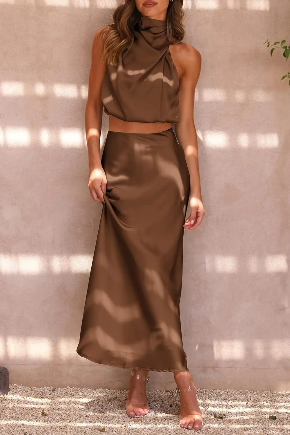 PRETTYGARDEN Women's 2 Piece Satin Outfits Summer Sleeveless Mock Neck Crop Tops and Long Skirt Dress Sets