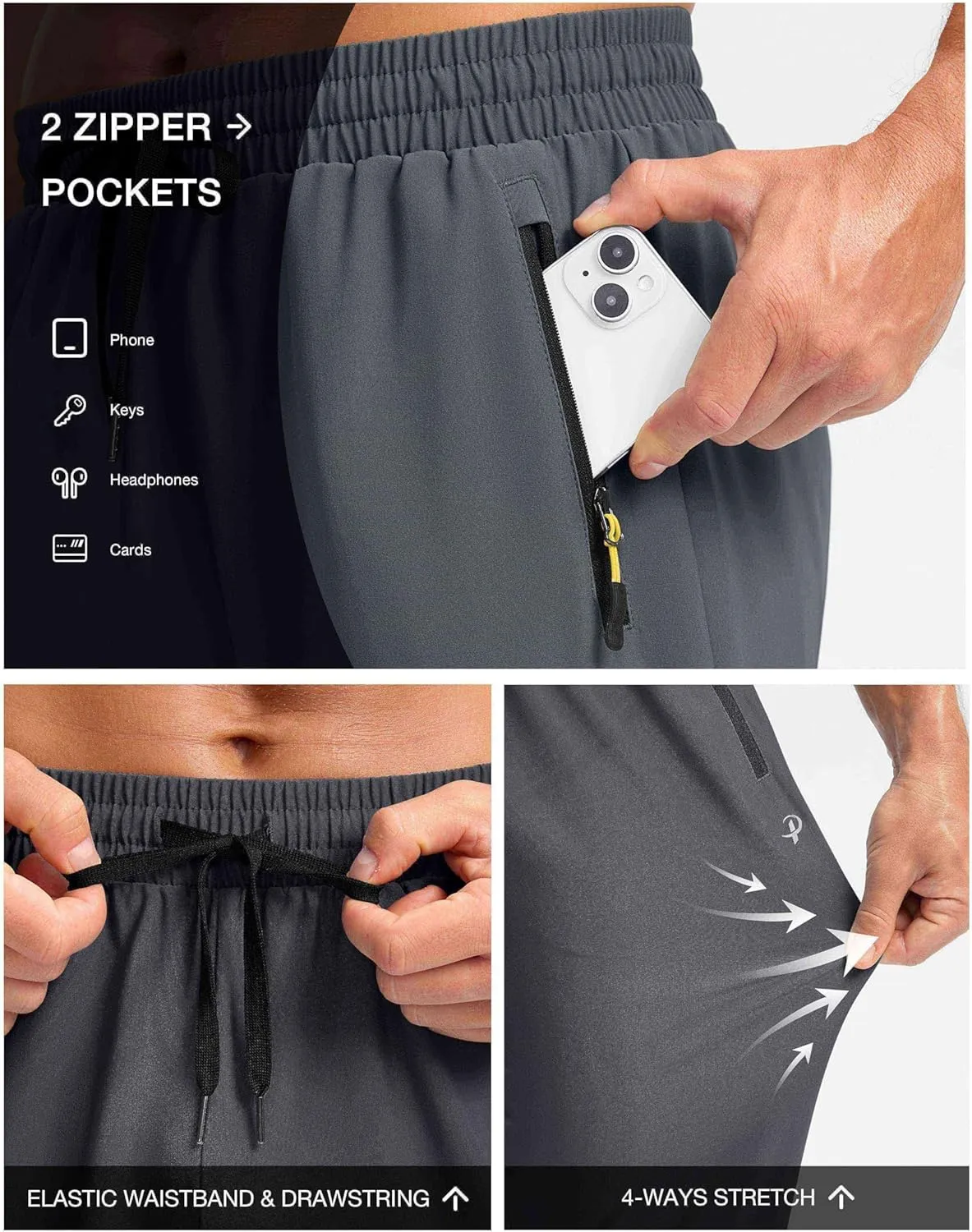 Pudolla Men's Lightweight Hiking Pants Quick-Dry Outdoor Sweatpants with Zipper Pockets for Casual Travel Athletic Workout