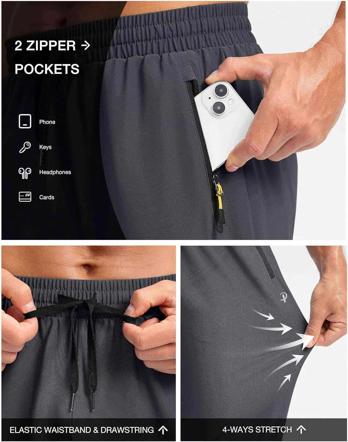 Pudolla Men's Lightweight Hiking Pants Quick-Dry Outdoor Sweatpants with Zipper Pockets for Casual Travel Athletic Workout