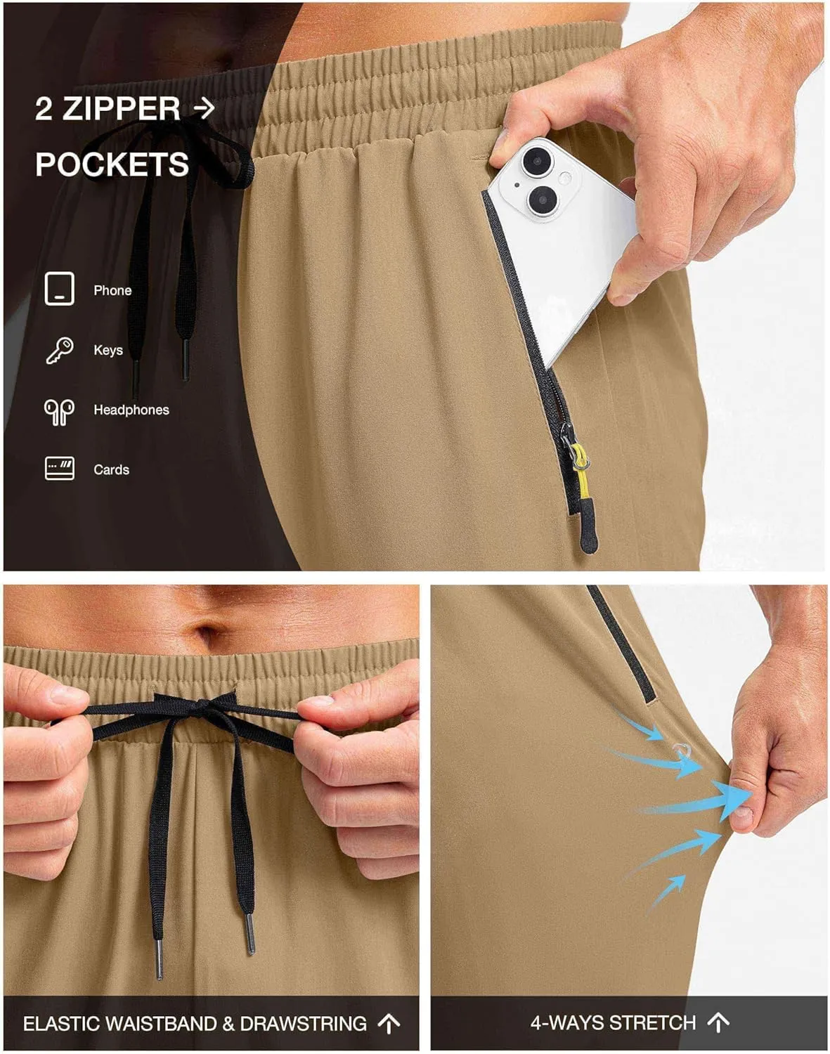 Pudolla Men's Lightweight Hiking Pants Quick-Dry Outdoor Sweatpants with Zipper Pockets for Casual Travel Athletic Workout