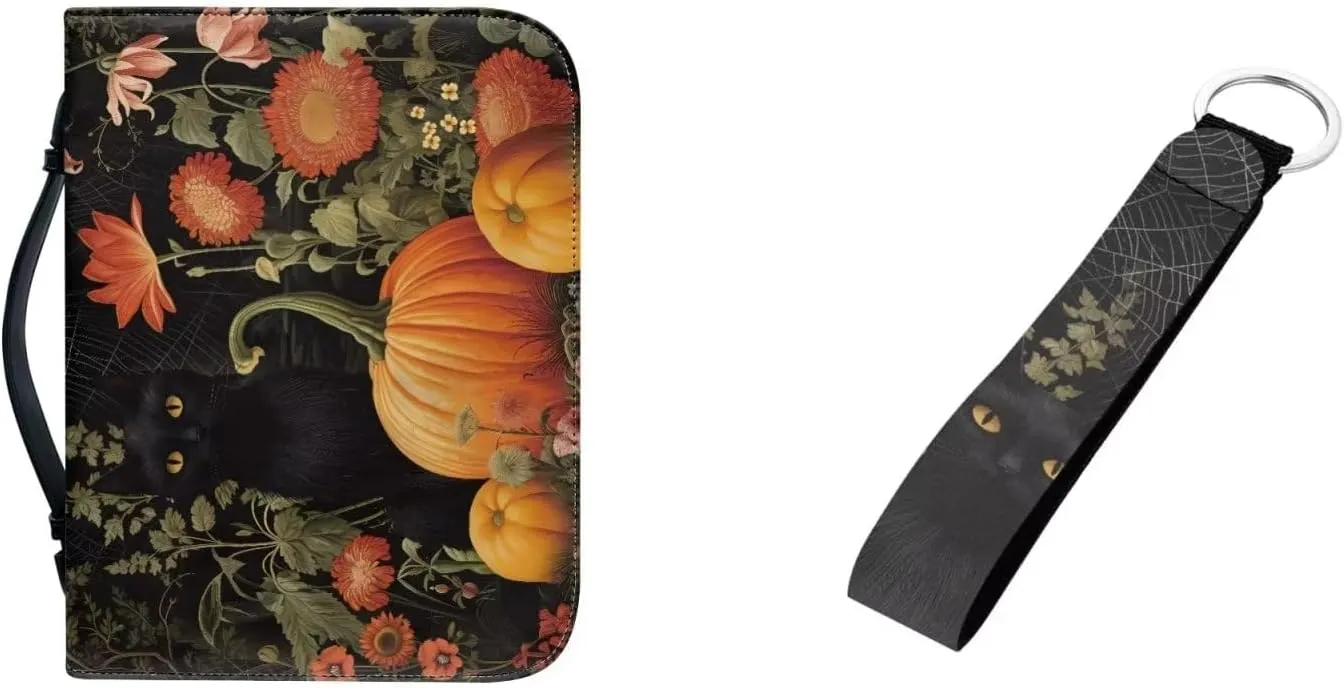 Pumpkin Cat and Flower Keychain 2 Pcs Set Bible Cover Case Bible Holder Bag PU Leather Bible Cover with Portable Handle Large Capacity Handbag for Pray