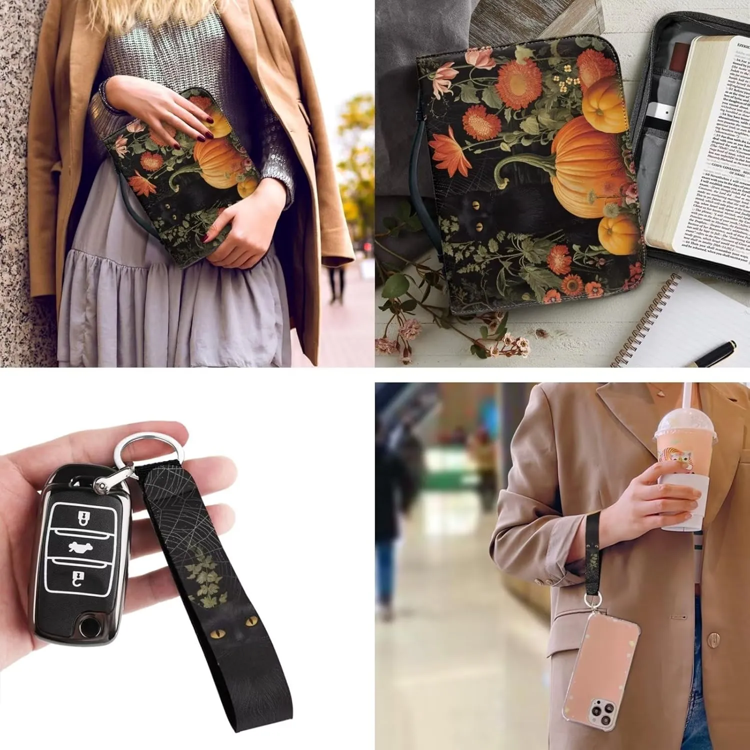 Pumpkin Cat and Flower Keychain 2 Pcs Set Bible Cover Case Bible Holder Bag PU Leather Bible Cover with Portable Handle Large Capacity Handbag for Pray