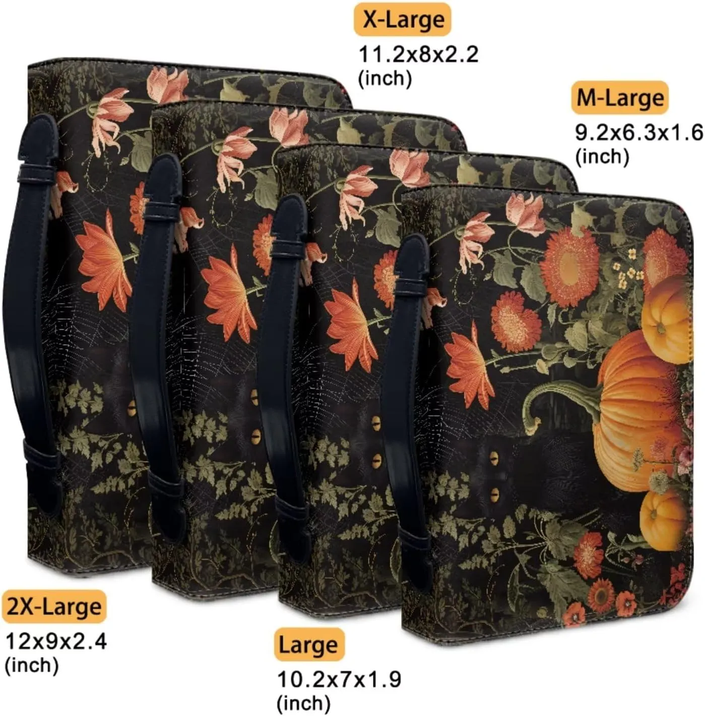 Pumpkin Cat and Flower Keychain 2 Pcs Set Bible Cover Case Bible Holder Bag PU Leather Bible Cover with Portable Handle Large Capacity Handbag for Pray