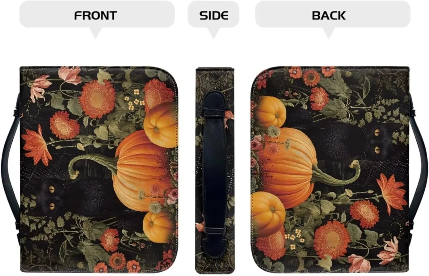 Pumpkin Cat and Flower Keychain 2 Pcs Set Bible Cover Case Bible Holder Bag PU Leather Bible Cover with Portable Handle Large Capacity Handbag for Pray