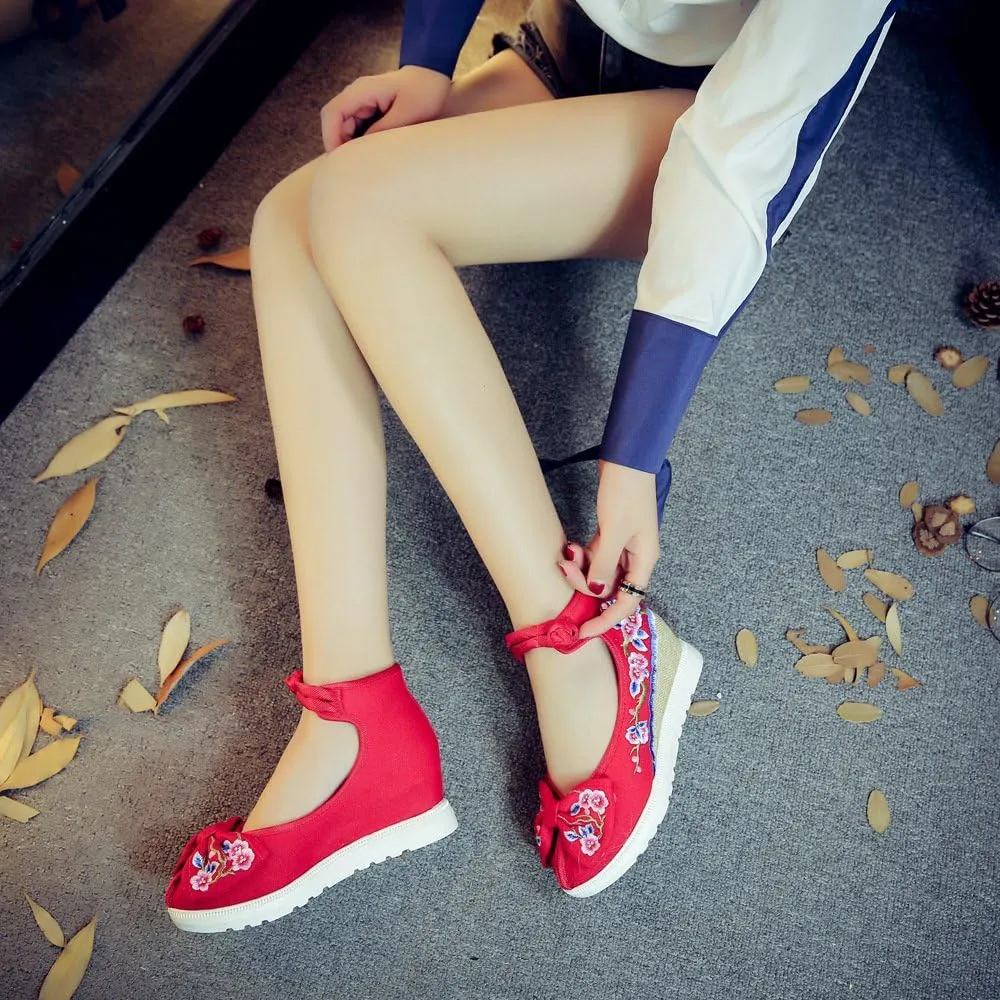 Qhome Women's Floral Embroidery Bowknot Comfortable Casual Walking Canvas Mary Jane Shoes