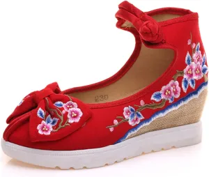 Qhome Women's Floral Embroidery Bowknot Comfortable Casual Walking Canvas Mary Jane Shoes