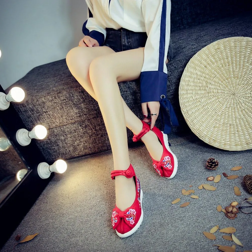 Qhome Women's Floral Embroidery Bowknot Comfortable Casual Walking Canvas Mary Jane Shoes