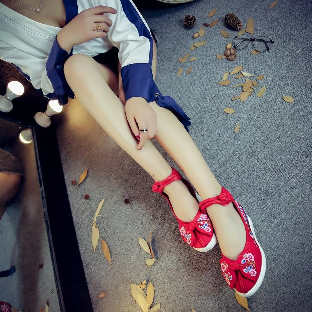 Qhome Women's Floral Embroidery Bowknot Comfortable Casual Walking Canvas Mary Jane Shoes