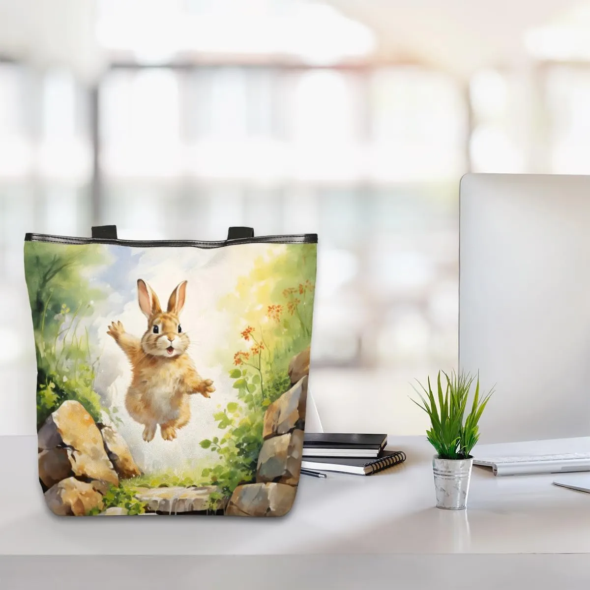 QsirBC Rabbits Animals Canvas Tote Bag for Women Reusable Shoulder Totebag Pocket Zipper Casual Handbag