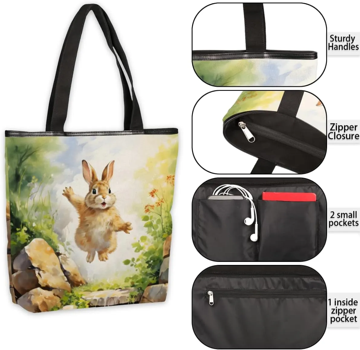 QsirBC Rabbits Animals Canvas Tote Bag for Women Reusable Shoulder Totebag Pocket Zipper Casual Handbag