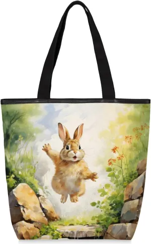 QsirBC Rabbits Animals Canvas Tote Bag for Women Reusable Shoulder Totebag Pocket Zipper Casual Handbag