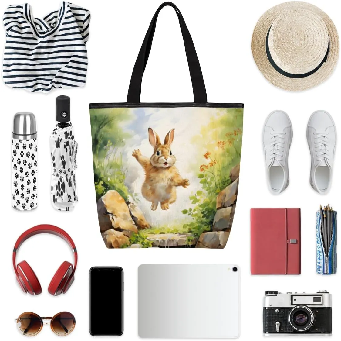 QsirBC Rabbits Animals Canvas Tote Bag for Women Reusable Shoulder Totebag Pocket Zipper Casual Handbag