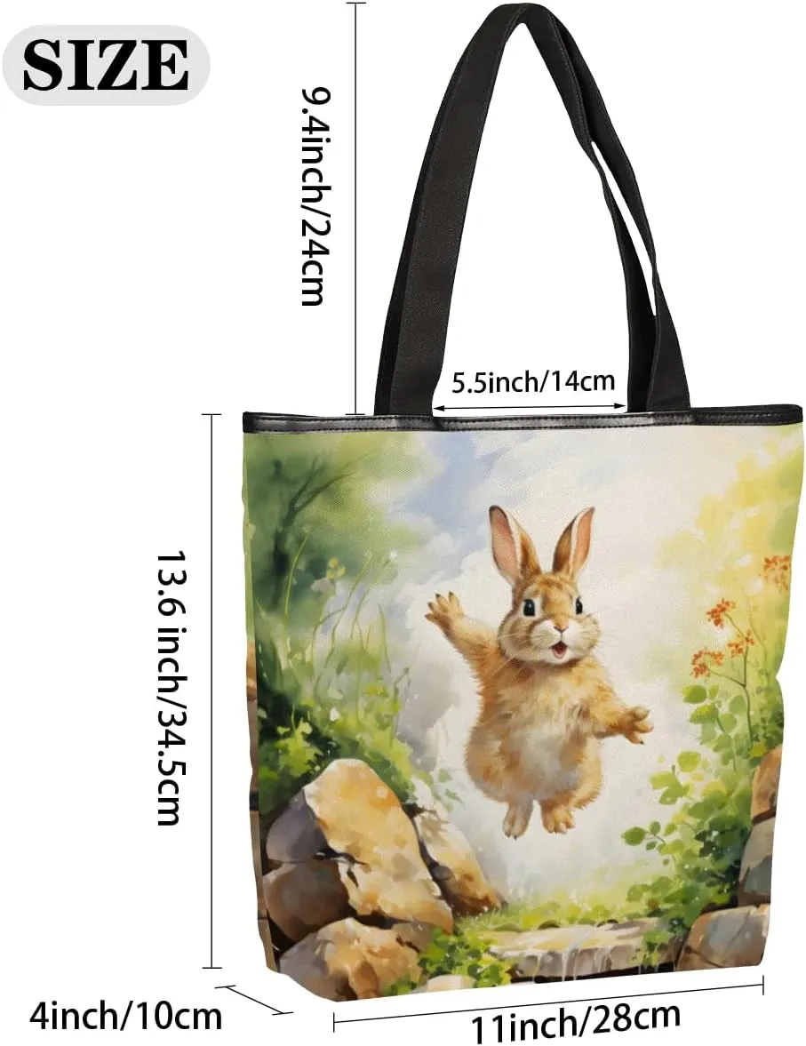 QsirBC Rabbits Animals Canvas Tote Bag for Women Reusable Shoulder Totebag Pocket Zipper Casual Handbag