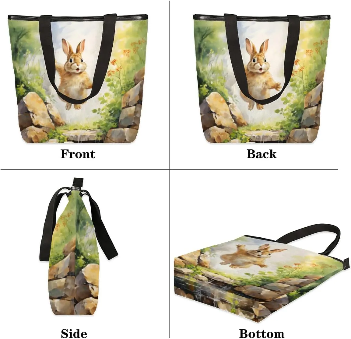 QsirBC Rabbits Animals Canvas Tote Bag for Women Reusable Shoulder Totebag Pocket Zipper Casual Handbag