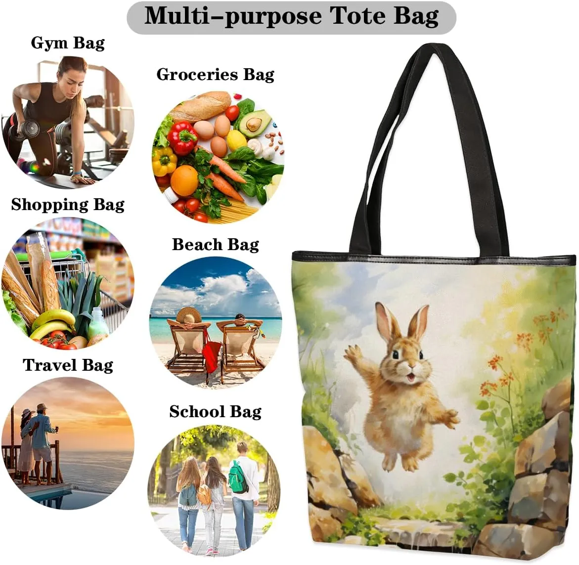 QsirBC Rabbits Animals Canvas Tote Bag for Women Reusable Shoulder Totebag Pocket Zipper Casual Handbag