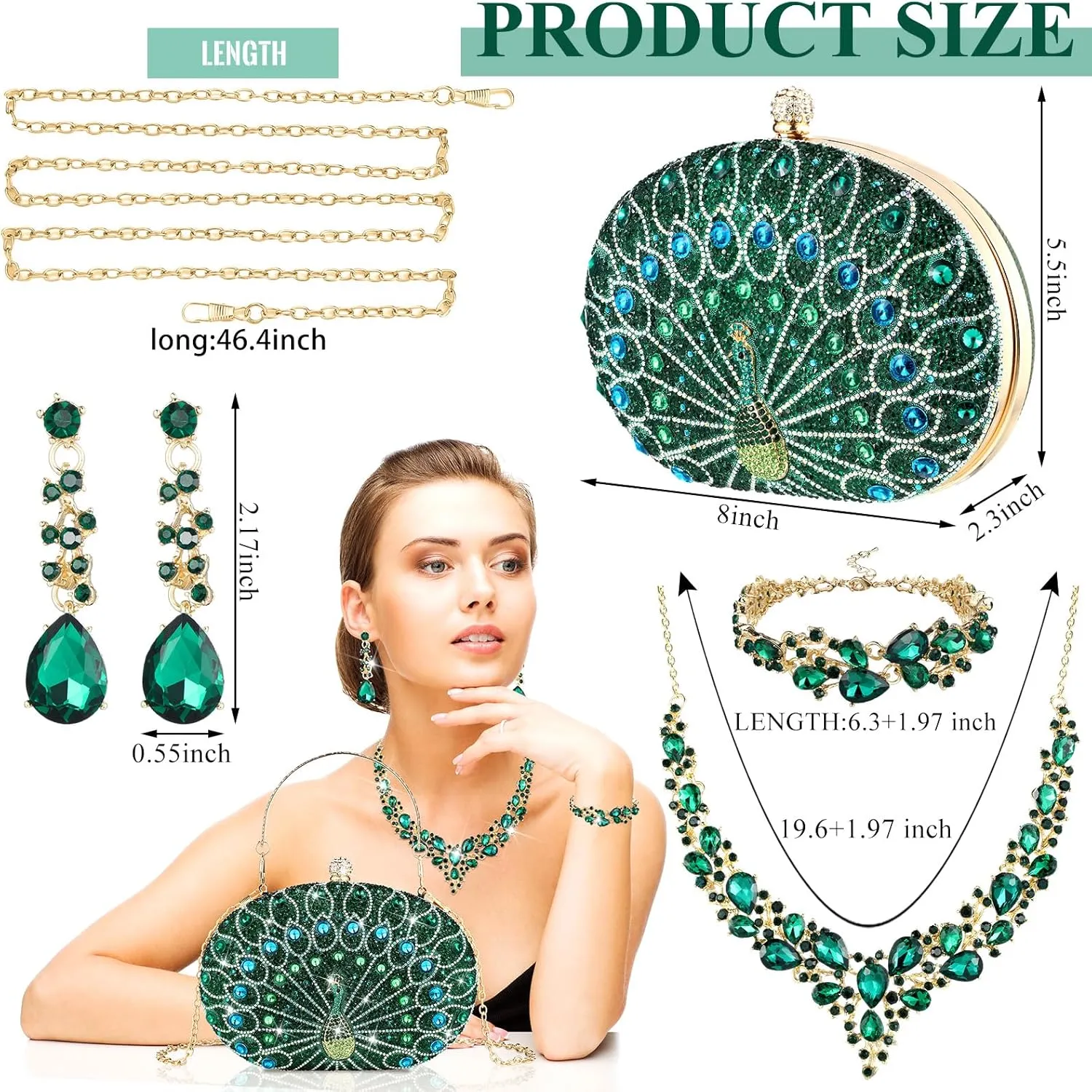Quelay ​​​​4 Pcs Purse Rhinestone Jewelry Set for Wedding Bridal Women Handbag with Necklace Bracelet Dangle Earrings