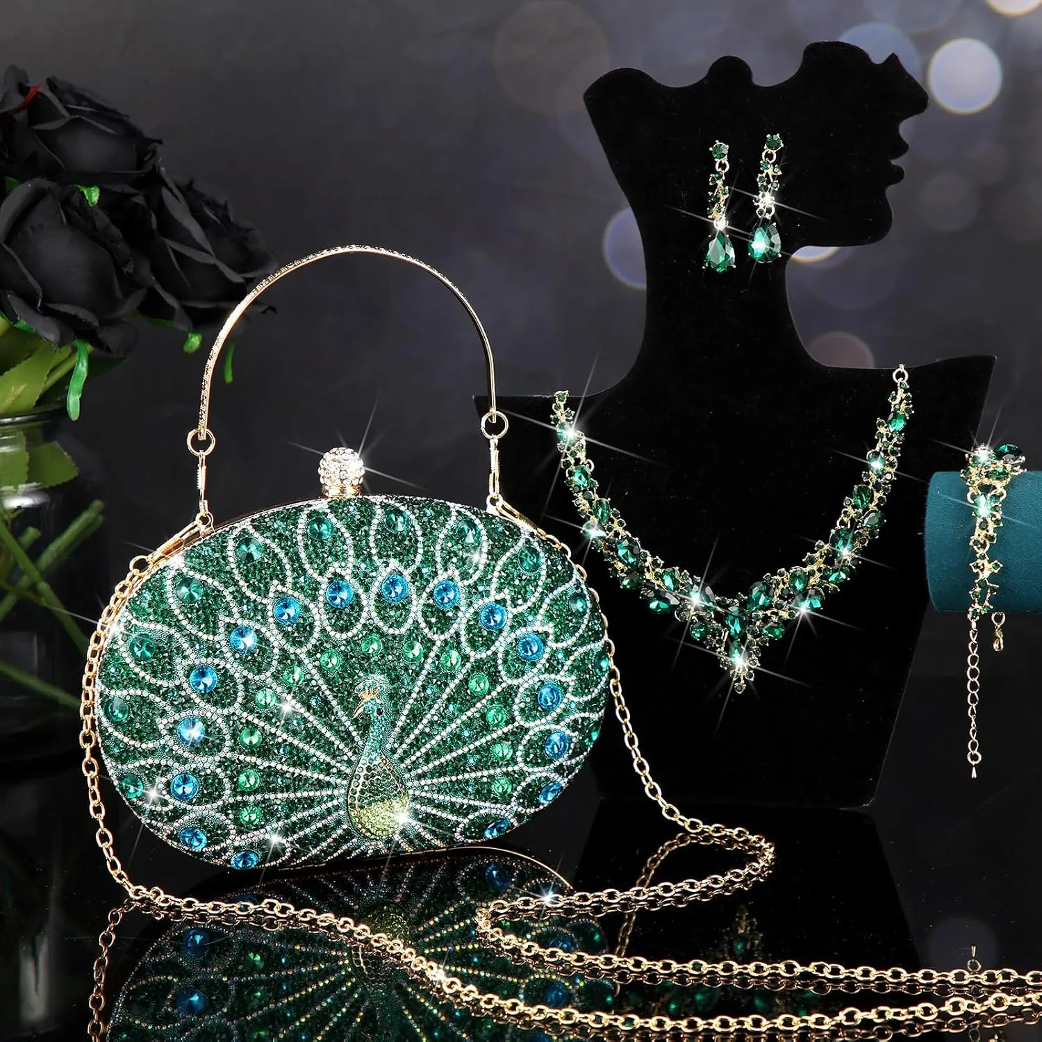 Quelay ​​​​4 Pcs Purse Rhinestone Jewelry Set for Wedding Bridal Women Handbag with Necklace Bracelet Dangle Earrings