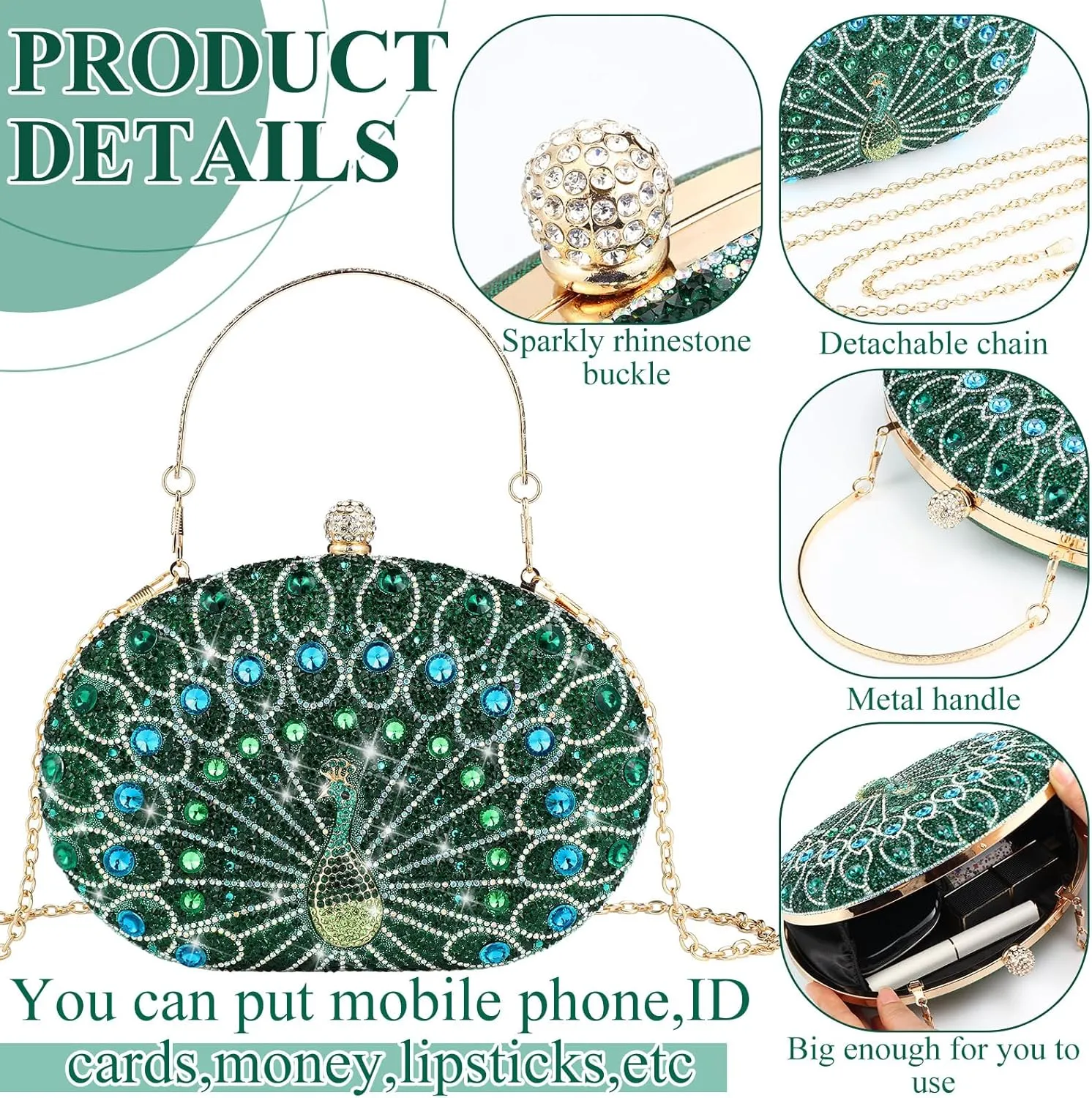 Quelay ​​​​4 Pcs Purse Rhinestone Jewelry Set for Wedding Bridal Women Handbag with Necklace Bracelet Dangle Earrings