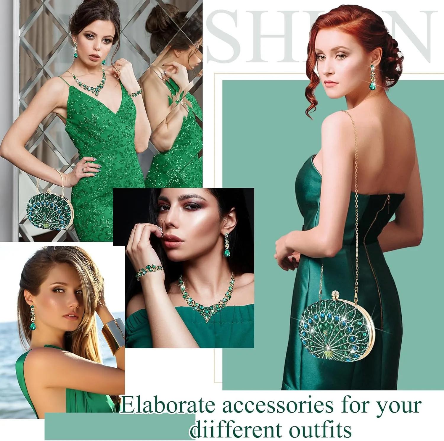 Quelay ​​​​4 Pcs Purse Rhinestone Jewelry Set for Wedding Bridal Women Handbag with Necklace Bracelet Dangle Earrings