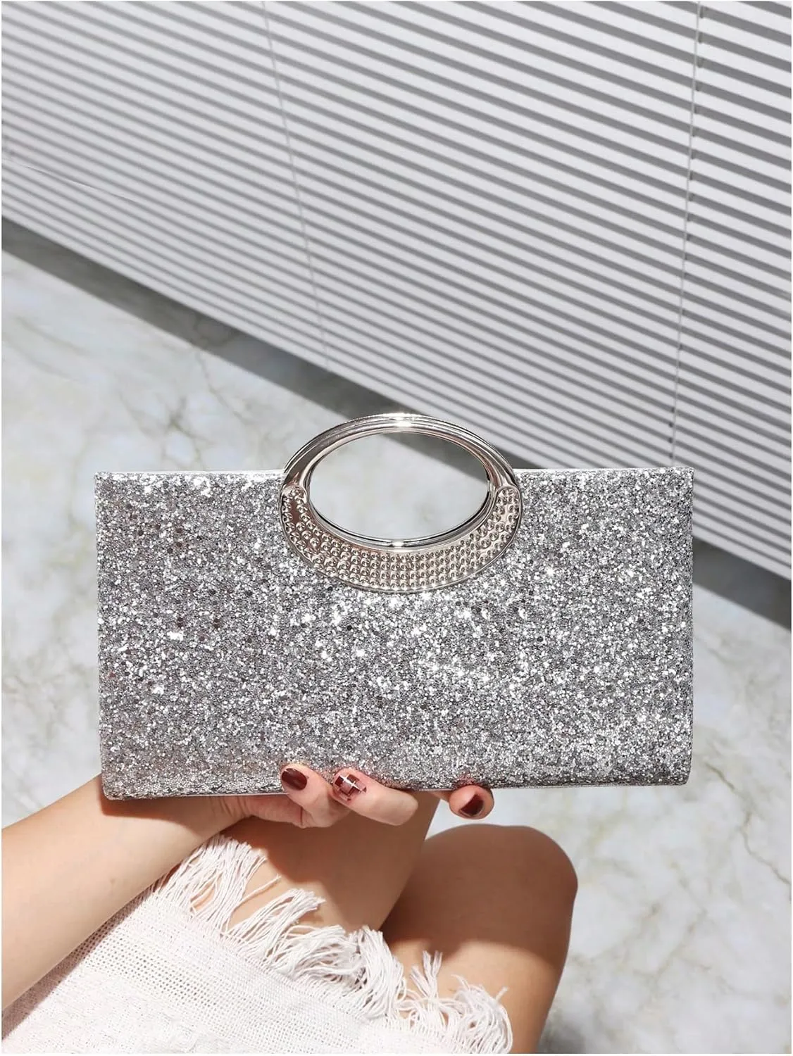 QWINEE Women's Glitter Evening Clutch Handbags Rhinestone Top Handle Party Crossbody Bag