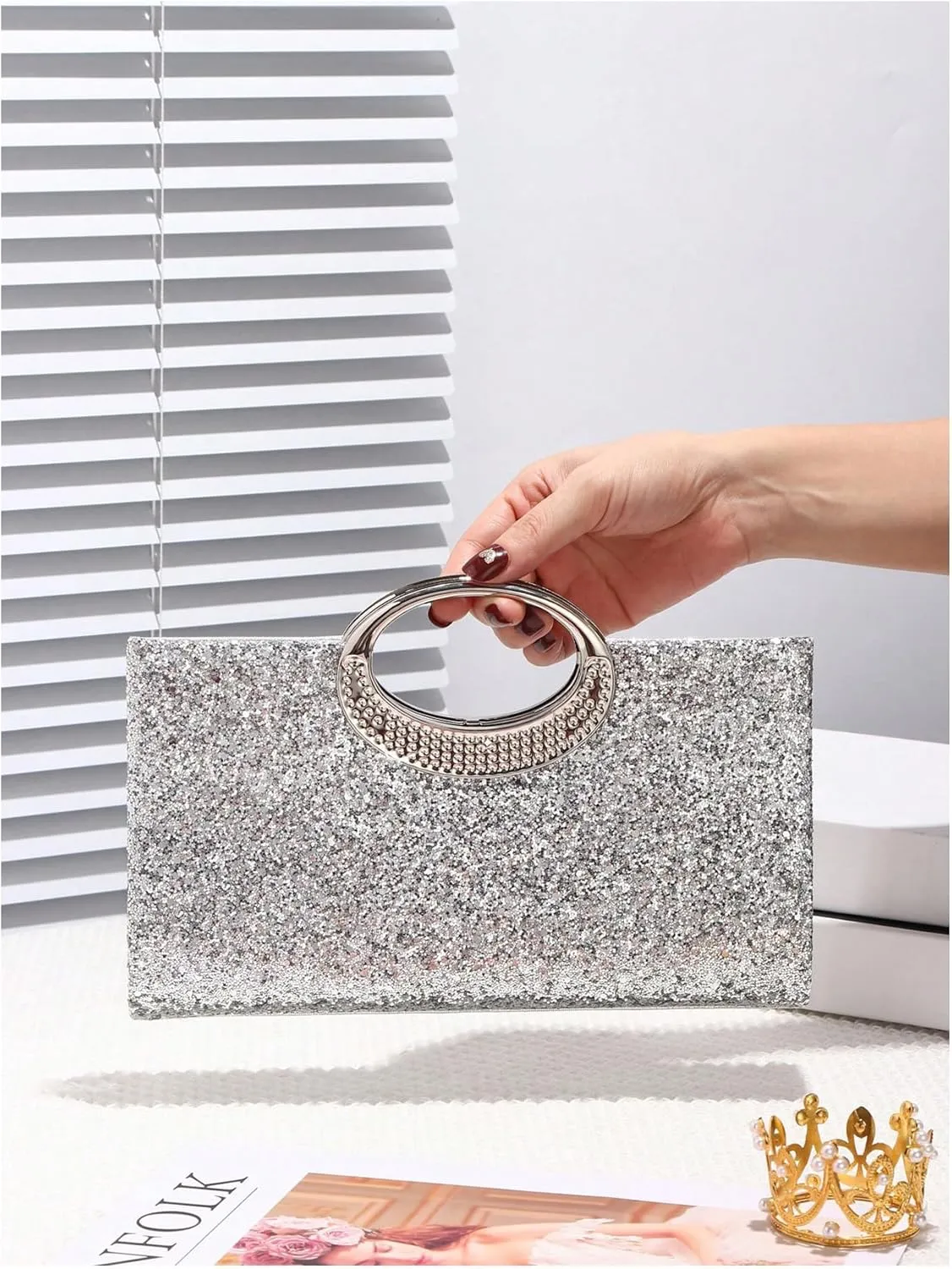 QWINEE Women's Glitter Evening Clutch Handbags Rhinestone Top Handle Party Crossbody Bag
