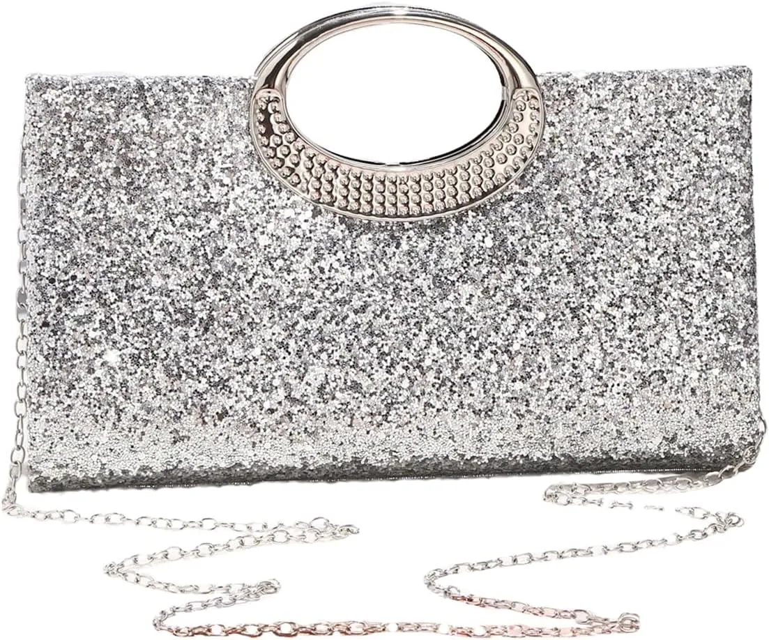 QWINEE Women's Glitter Evening Clutch Handbags Rhinestone Top Handle Party Crossbody Bag
