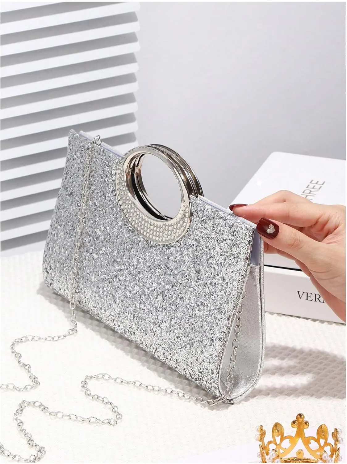 QWINEE Women's Glitter Evening Clutch Handbags Rhinestone Top Handle Party Crossbody Bag