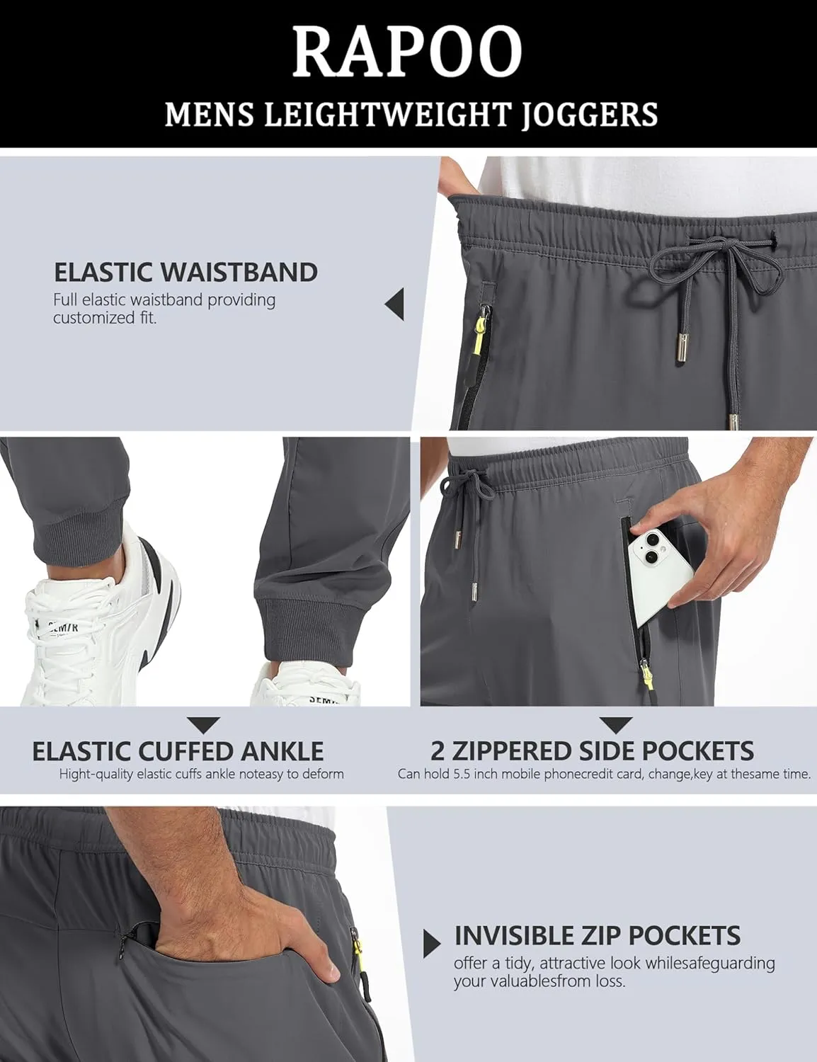 Rapoo Men's Lightweight Joggers Pants Quick Dry Workout Track Running Gym Athletic Pants with 3 Zipper Pockets