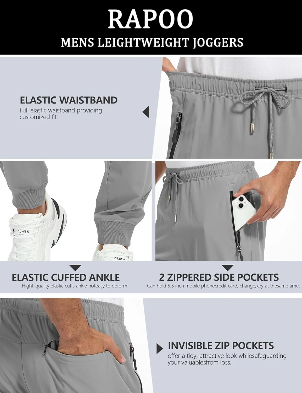 Rapoo Men's Lightweight Joggers Pants Quick Dry Workout Track Running Gym Athletic Pants with 3 Zipper Pockets