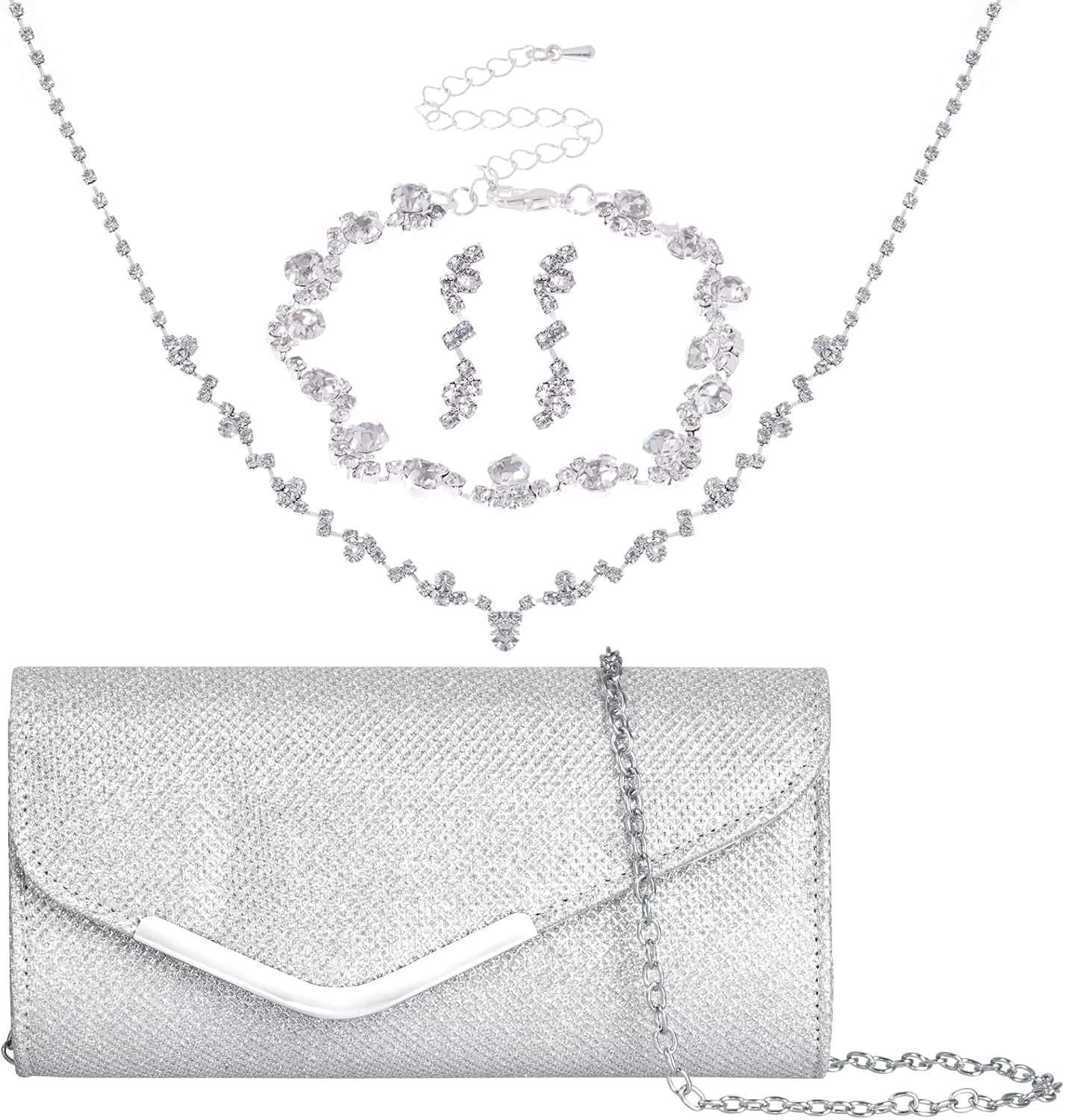 Rbenxia 4 Pieces Silver Jewelry Set Women Evening Rhinestone Jewelry Set Bling Glitter Silver Clutch Purse Necklace Earrings Bracelets for Women Bride Wedding Evening Party