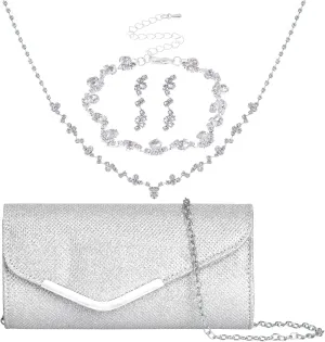 Rbenxia 4 Pieces Silver Jewelry Set Women Evening Rhinestone Jewelry Set Bling Glitter Silver Clutch Purse Necklace Earrings Bracelets for Women Bride Wedding Evening Party