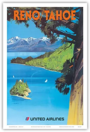 Reno Nevada - Lake Tahoe California - United Airlines - Vintage Airline Travel Poster by Tom Hoyne c.1970s - Master Art Print (Unframed) 12in x 18in