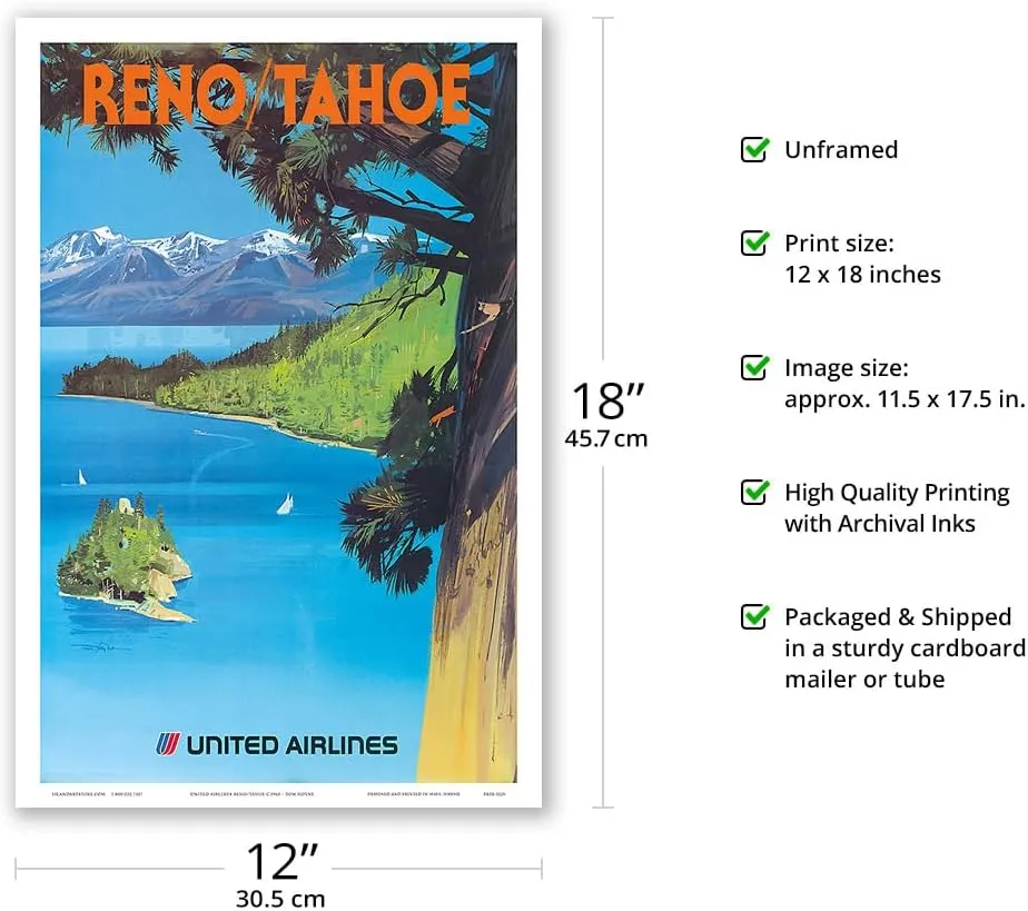 Reno Nevada - Lake Tahoe California - United Airlines - Vintage Airline Travel Poster by Tom Hoyne c.1970s - Master Art Print (Unframed) 12in x 18in